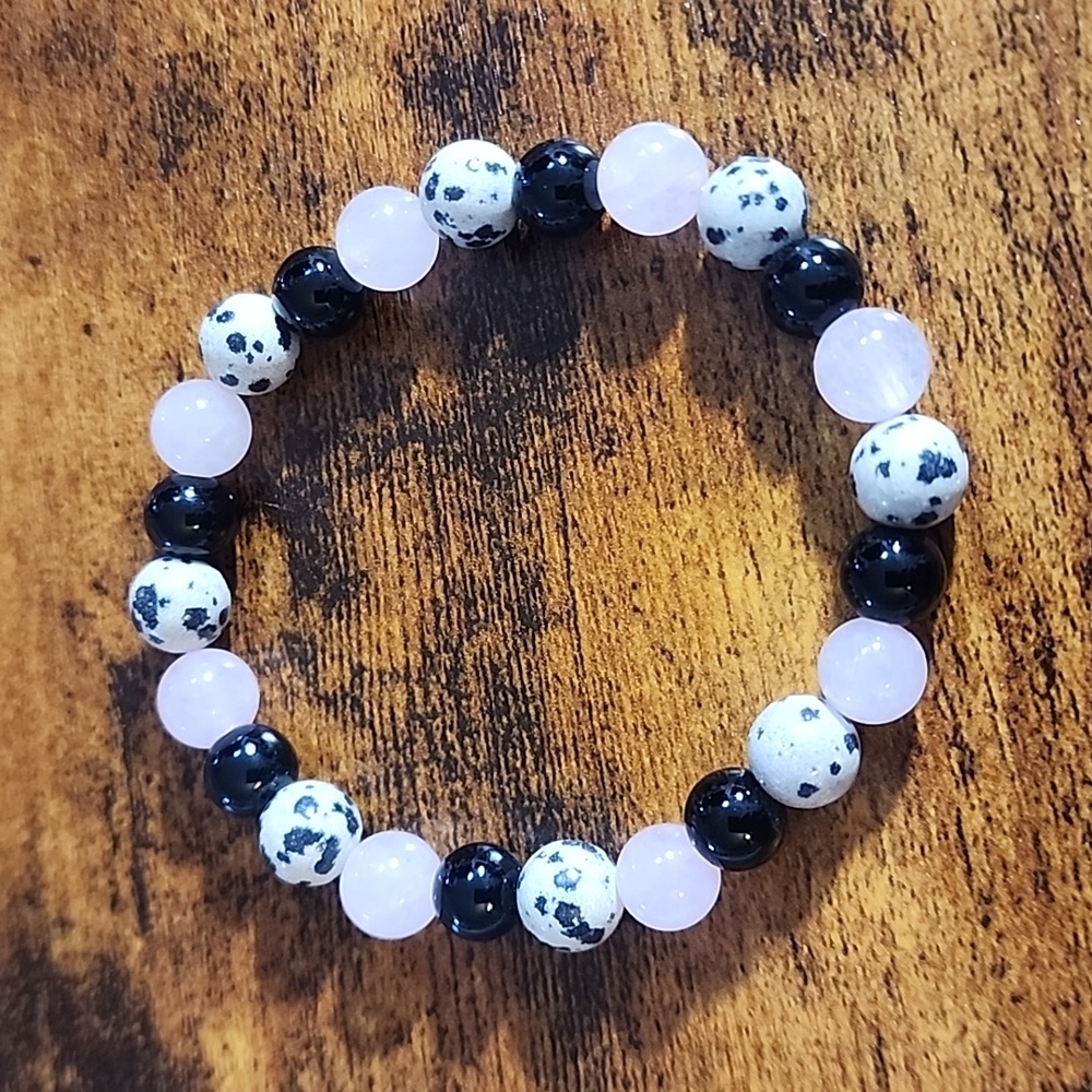1pc Black Agate&Dalmation Jasper Beaded Protection Bracelet- Releaving Past Hurt